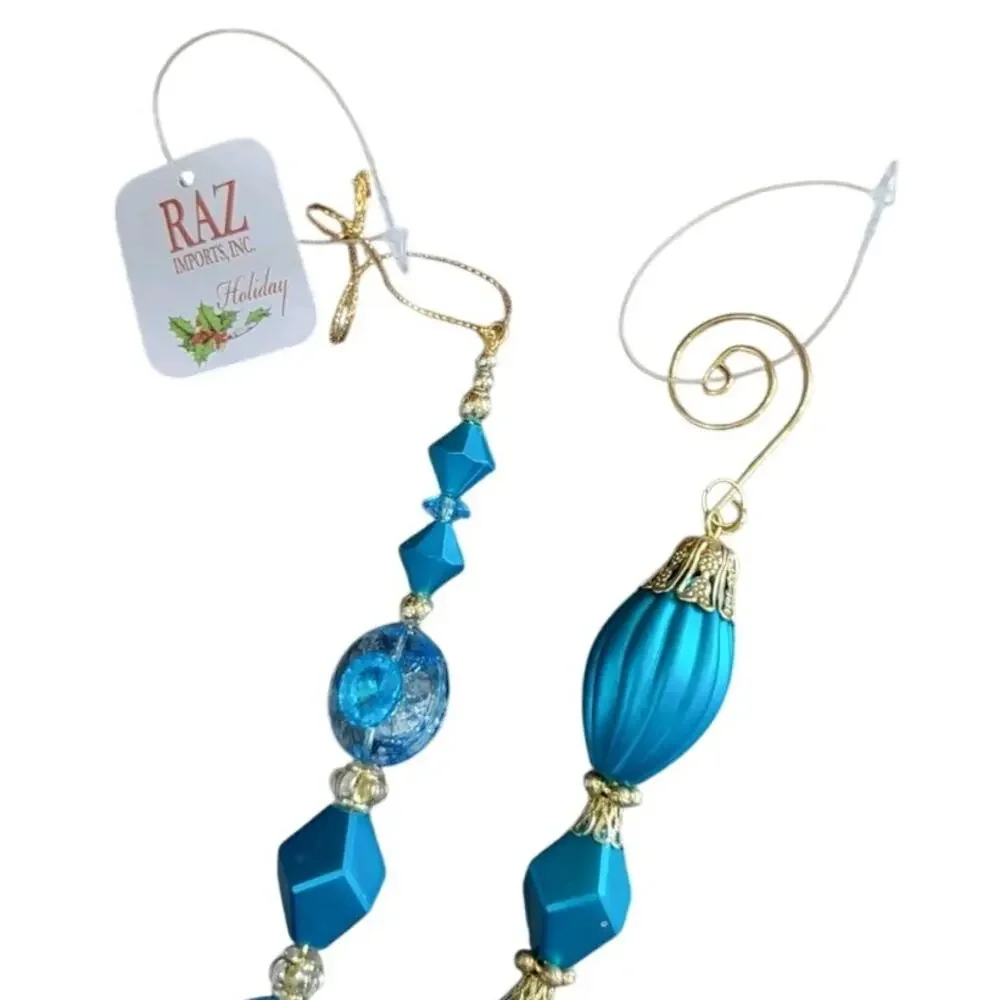 Vintage Raz Imports Christmas Ornaments Set - Blue Gold Beaded Elegant Decor NEW